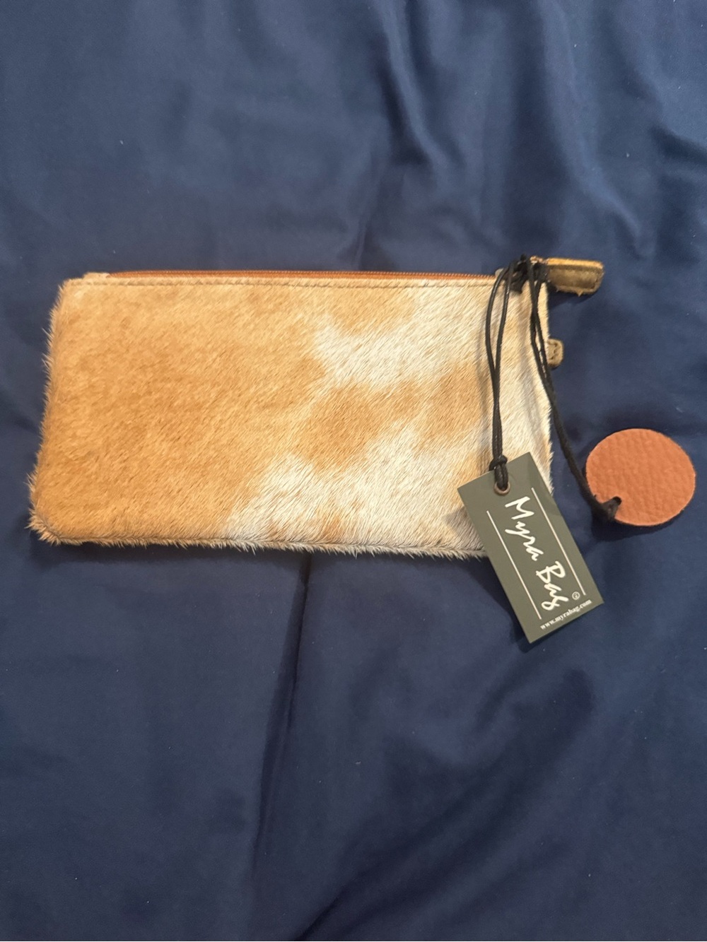 Myra Bag Tan and Cream Hair-On Hide Zip Wallet with Wrist Strap